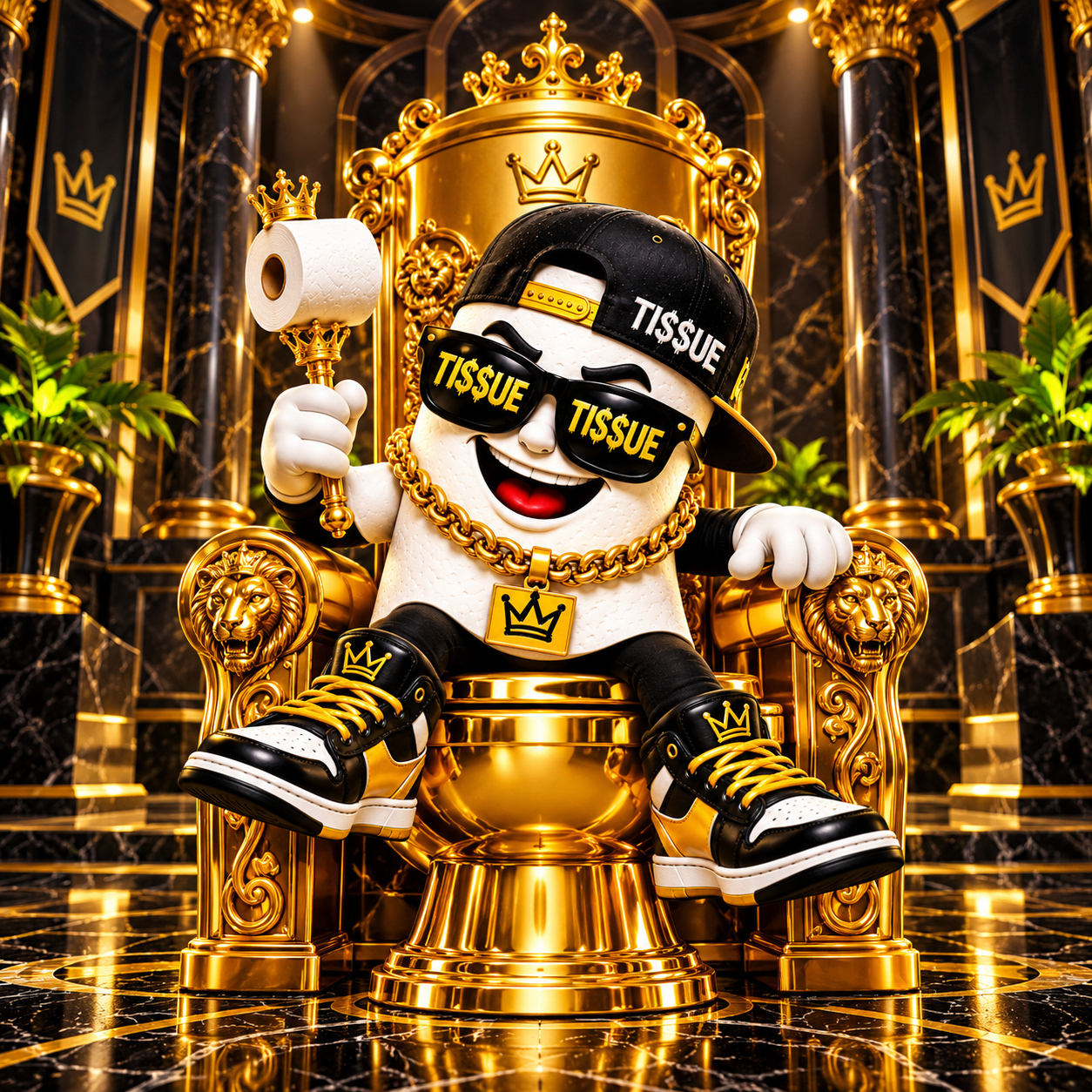 The TI$$UE mascot in black and gold, holding a crowned tissue scepter on a golden throne